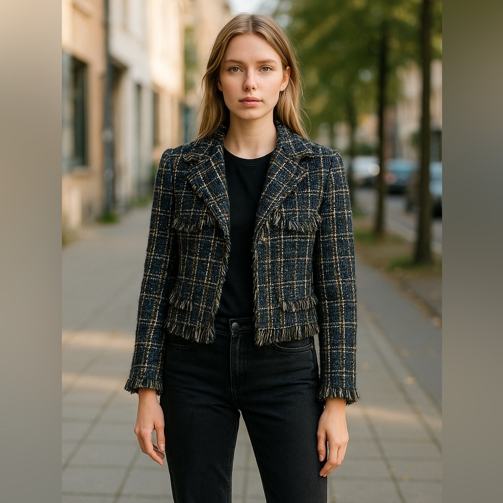NWT Bershka Tweed Jacket With Frayed Hem M/L